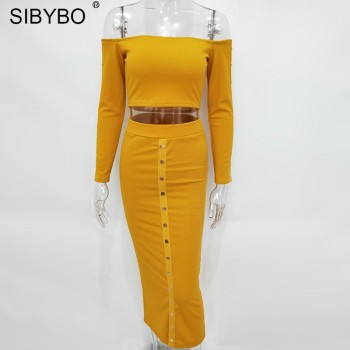 Long Sleeve Two Piece Set Dress Women Buttons Backless Split